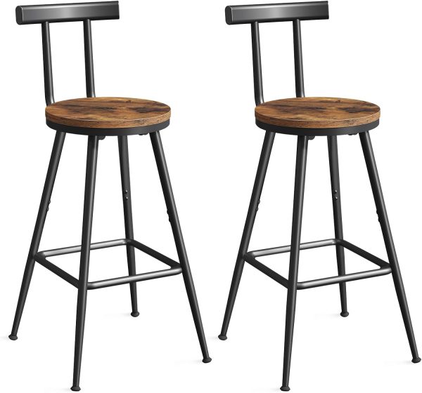 Bar Stools, Set of 2 Bar Chairs with Backrest and Footrest, 26" Tall Counter Stools, Metal Frame, Adjustable Feet, Easy...