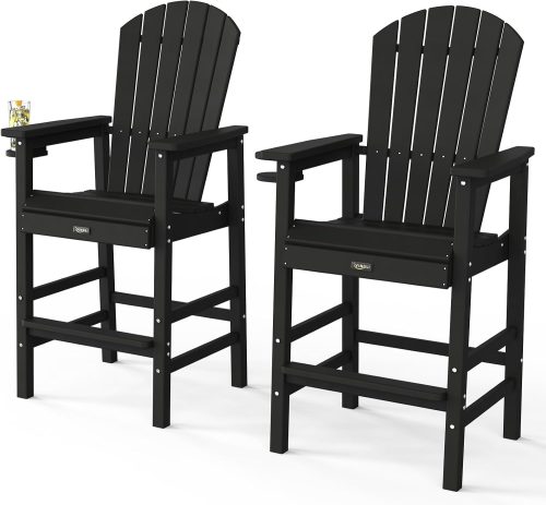 VINGLI Tall Adirondack Chairs Set of 2 HDPE Adirondack Bar Stools with Cup Holders, Poly Deck Chairs Outdoor Bar...