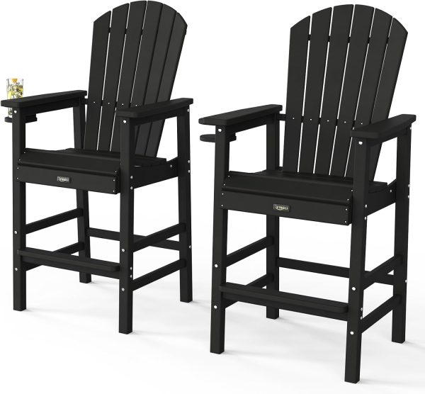 VINGLI Tall Adirondack Chairs Set of 2 HDPE Adirondack Bar Stools with Cup Holders, Poly Deck Chairs Outdoor Bar...