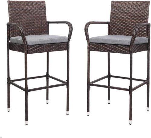 VINGLI Outdoor Wicker Bar Stools Set of 2 with Cushions, Tall Patio Chairs for Garden, Pool, Lawn, Backyard