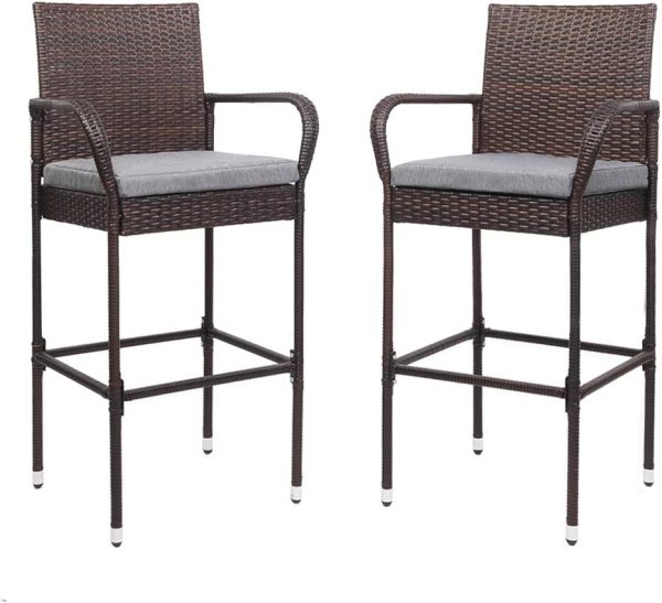 VINGLI Outdoor Wicker Bar Stools Set of 2 with Cushions, Tall Patio Chairs for Garden, Pool, Lawn, Backyard