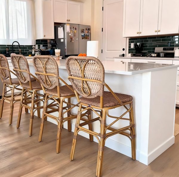 PURPLE LEAF French Bar Stools Set of 2 Patio Rattan Aluminum Bar Height Bamboo Pattern Finish Barstools with Back for...