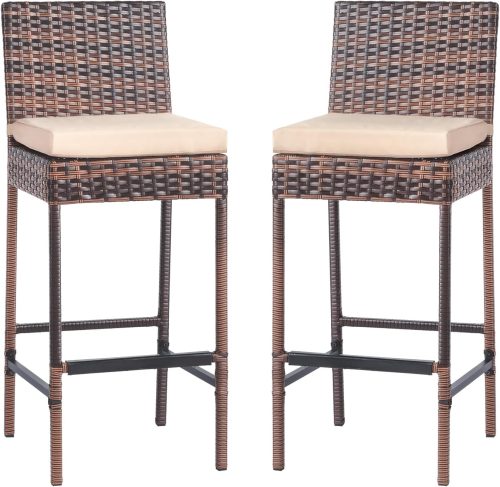 VINGLI Outdoor Wicker Bar Stool Set of 2, Patio Bar Stools w/Cushion, Bar Height Patio Chairs Outdoor Rattan Barstools...