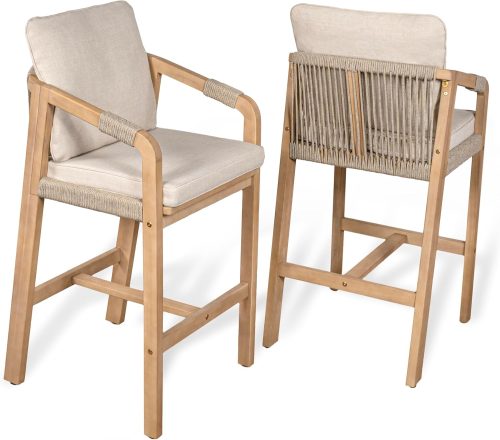 JONATHAN Y BSL1200A-SET2 Porto Modern Coastal Tub Roped Acacia Wood Outdoor Bar Stool with Cushions and Armrests...