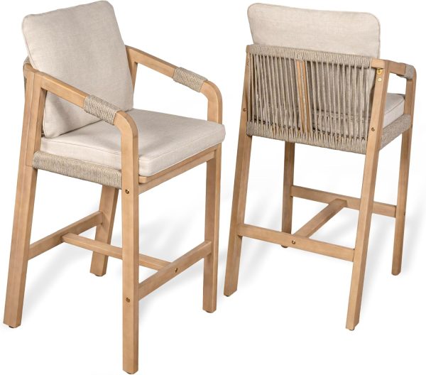 JONATHAN Y BSL1200A-SET2 Porto Modern Coastal Tub Roped Acacia Wood Outdoor Bar Stool with Cushions and Armrests...