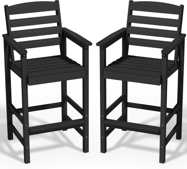 SERWALL Tall Adirondack Chairs Set of 2, Weather Resistance Outdoor Bar Stools, Black