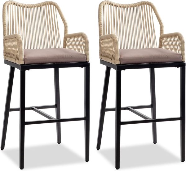VINGLI Outdoor Bar Stools Set of 2, Heavy-Duty Outdoor Barstools Boho Woven Patio Bar Stools with Backrest, Patio...