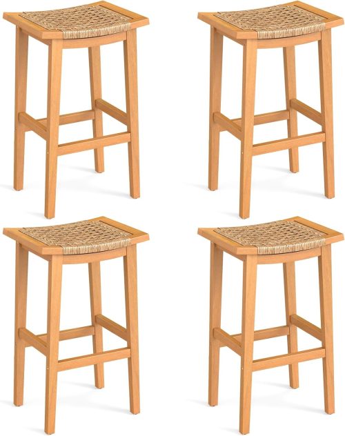 Giantex Outdoor Wooden Bar Stools Set of 4, 29" Backless Patio Barstools with PE Rattan Saddle Seat & Footrest, Solid...