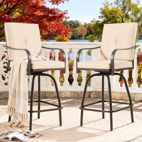 Outdoor Swivel Bar Stools Set of 2,Bar Height Patio Chairs with Cushions and High Backrest, All Weather Patio Bar...