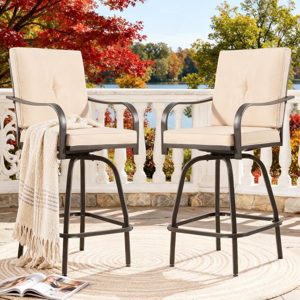 Outdoor Swivel Bar Stools Set of 2,Bar Height Patio Chairs with Cushions and High Backrest, All Weather Patio Bar...