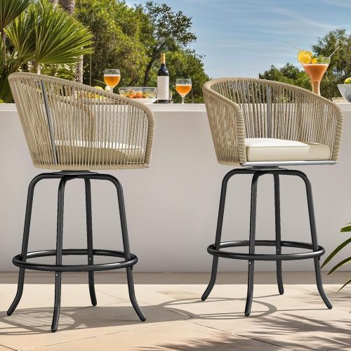 YITAHOME Counter Height Bar Stools Set of 2, Outdoor Bar Stools with Soft Cushions, Patio Rattan Swivel Bar Chairs for...