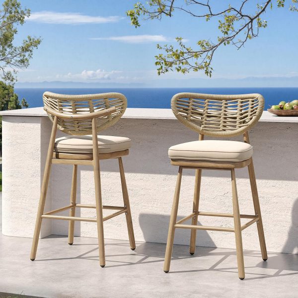 Garden Story Outdoor Bar Stools Set of 2,Woven Barstools with Rattan Back (Light Walnut, 29'' 2PCS)